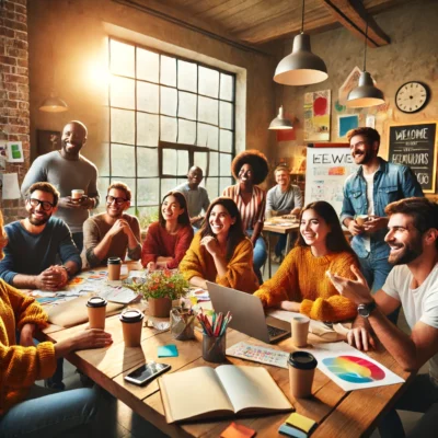 Een diverse groep mensen zit rond een tafel in een goed verlichte, gezellige ruimte en neemt deel aan een creatieve brainstormsessie. Papieren, laptops en koffiekopjes liggen verspreid over de tafel. Grote ramen laten natuurlijk licht binnen, en de achtergrond toont een whiteboard met notities en kleurrijke kunstwerken aan de muren.